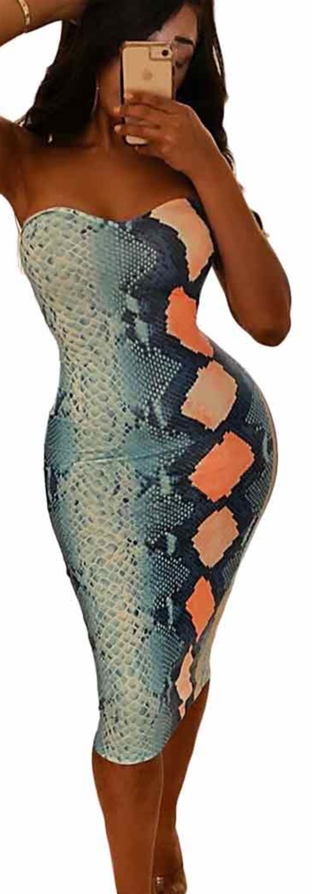 Snake Printed Off Shoulder Strapless Dress